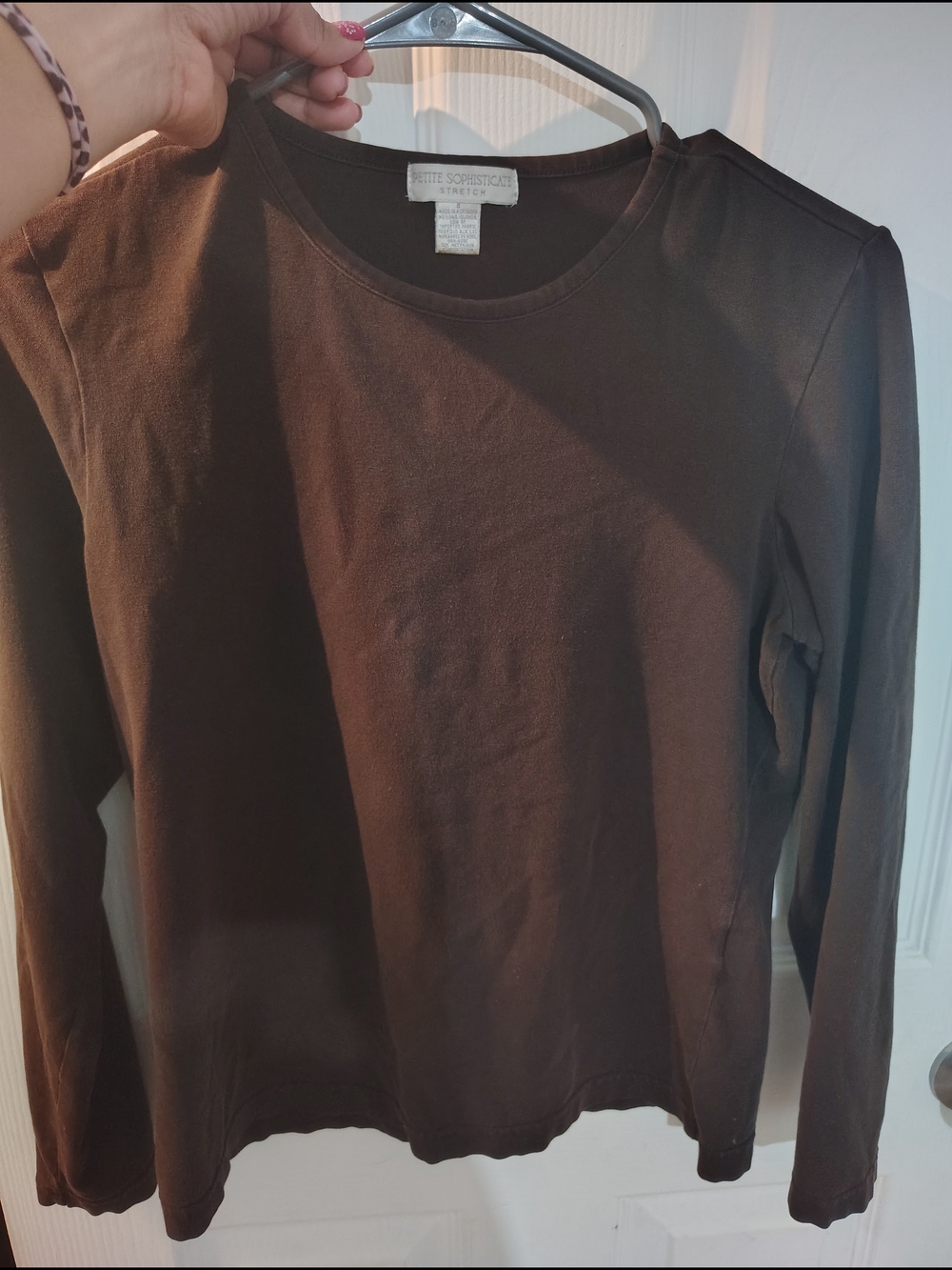 Petite Sophisticate Brown Long Sleeve Crew Neck Top